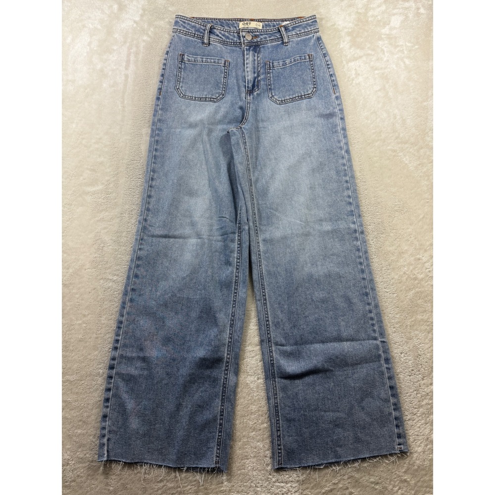 OAT Women Cloud Luxe Wide Leg Raw Hem Blue Denim Jeans 2/26 Meas: 26x28